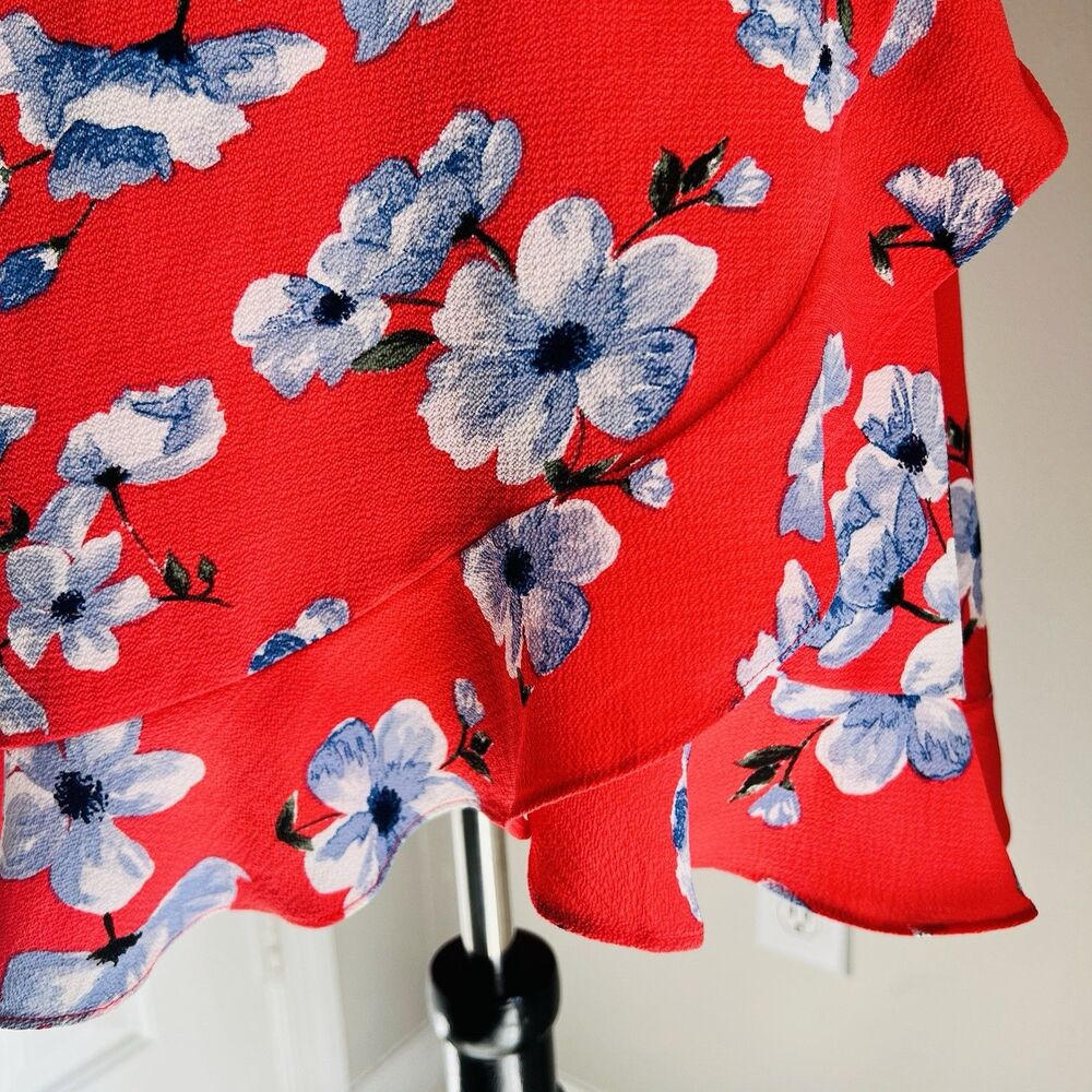 Love & Piece Collective Coral Orange & Blue Floral True Wrap Dress Lined Medium - Picture 4 of 10